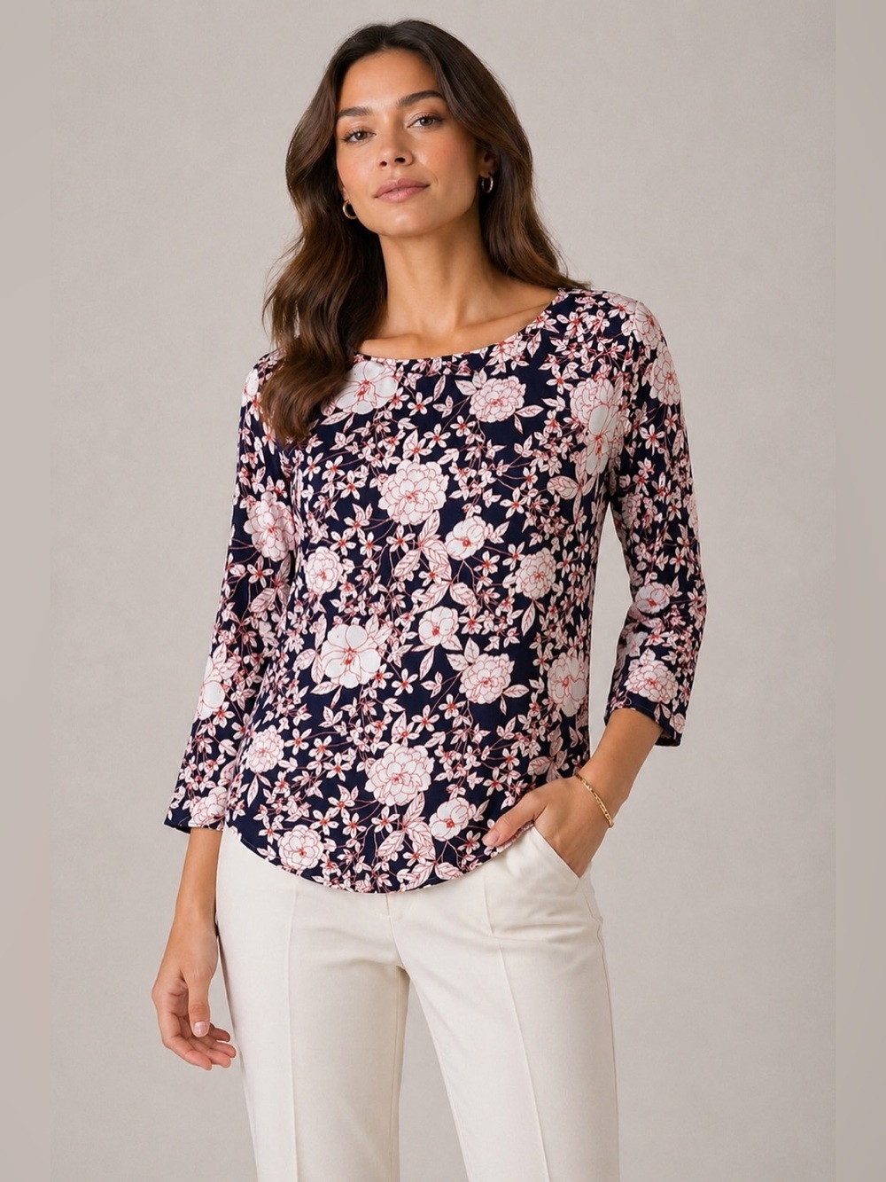 Banana Republic Navy Floral Scoop Neck 3/4 Sleeve Blouse